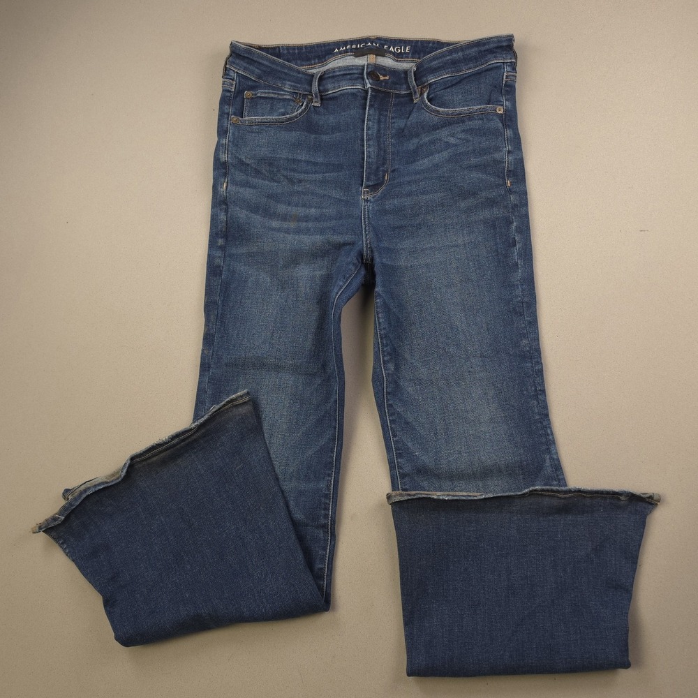 American Eagle Super Hi-Rise Flare Jeans Womens Size 12 Blue Raw Hem Bell Bottom